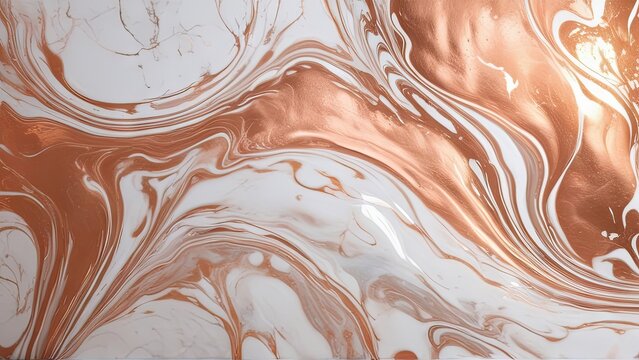 Copper and white abstract marble background with flowing swirls