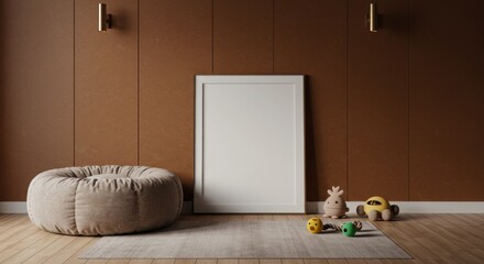 Minimalist Nursery Decor: A serene, inviting room showcases a blank frame leaning against a warm-toned wall, complemented by a beanbag chair, a soft rug and a few toy objects.