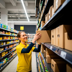 A smiling female supermarket employee restocks unlabelled boxes on a shelf, showing dedication and enthusiasm in a bright, well-lit aisle.
