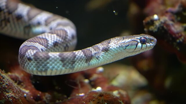 Banded Sea Snake Laticauda Semifasciata in Realistic 3D Animation Isolated on Green Screen Perfect for Wildlife and Marine Content With Unique Banded Pattern