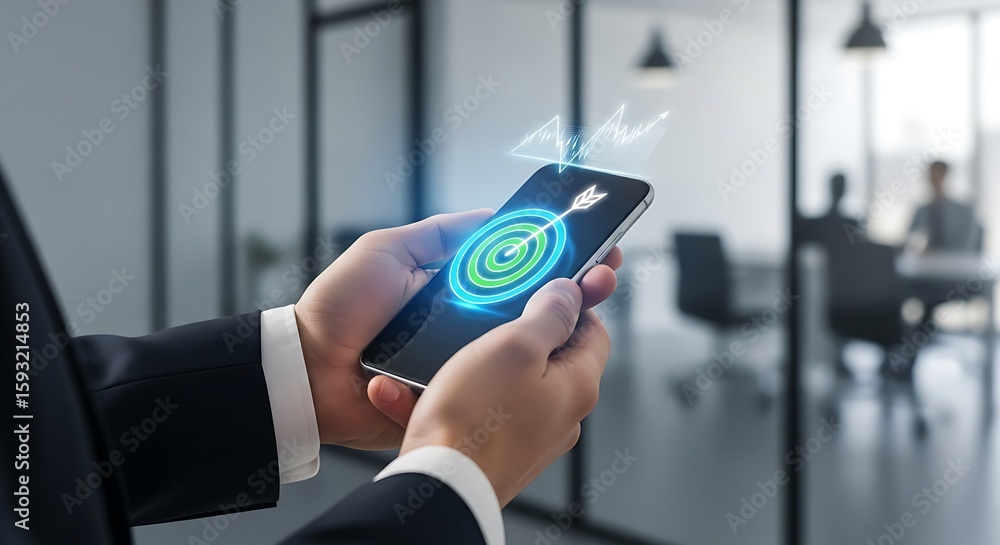 Aufkleber man in suit holds smartphone displaying a target graphic, symbolizing success and digital goals in a