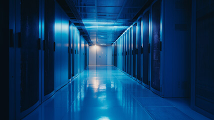 Data center blue cooling lights on server racks, clean symmetry, futuristic precision style