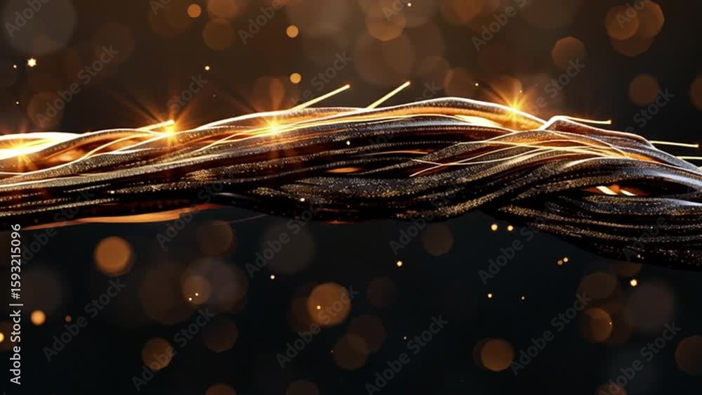 Poster mesmerizing close up of intertwined metallic strands, shimmering with golden highlights and bokeh, e