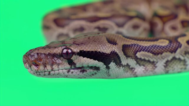 Close Up Portrait of Childrens Python Isolated with Green Screen Background