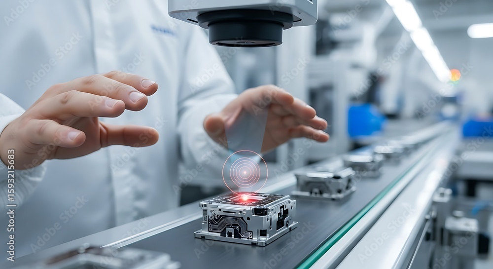 Poster technician inspecting microchips on automated assembly line using robotic arm.