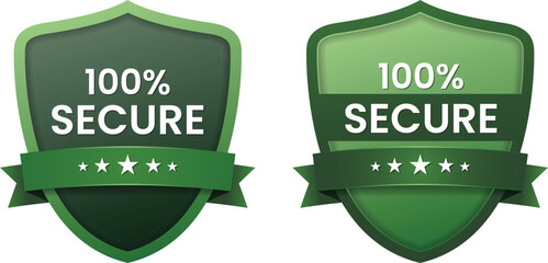 100% secure shield badge icons – green vector security labels with stars for safe payment, trusted protection, antivirus branding, and online website trust symbols.