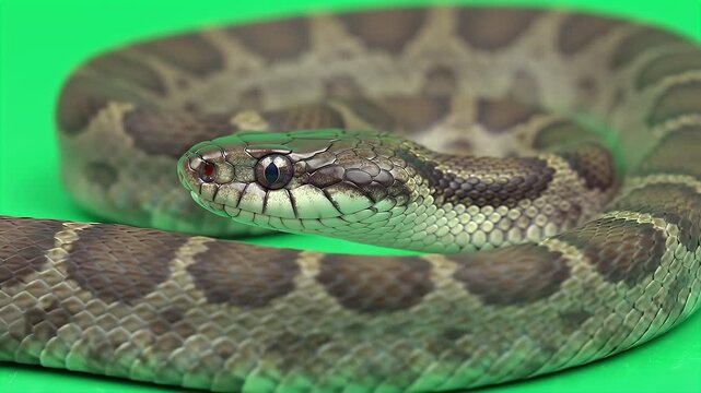 Detailed 3D Animation of Banded Cat Eyed Snake Isolated on Green Screen Revealing Brown and Beige Banded Pattern and Nocturnal Wildlife