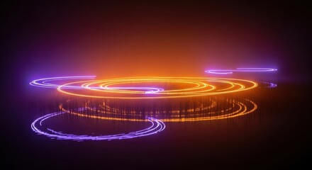 Vibrant neon light trails forming abstract circular patterns on dark background
