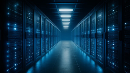 Data center blue cooling lights on server racks, clean symmetry, futuristic precision style