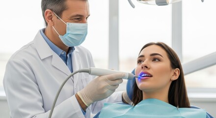 Male dentist treating female patient with dental equipment in modern clinic