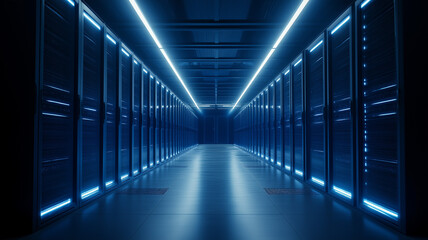 Data center blue cooling lights on server racks, clean symmetry, futuristic precision style