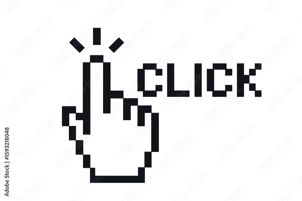 Poster pixelated hand cursor clicking with light effect, internet concept with transparent background