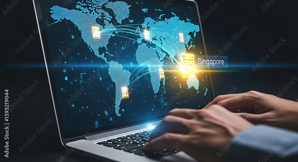 Aufkleber hands typing on a laptop displaying a world map with data connections to singapore.