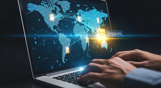 Hands typing on a laptop displaying a world map with data connections to Singapore.