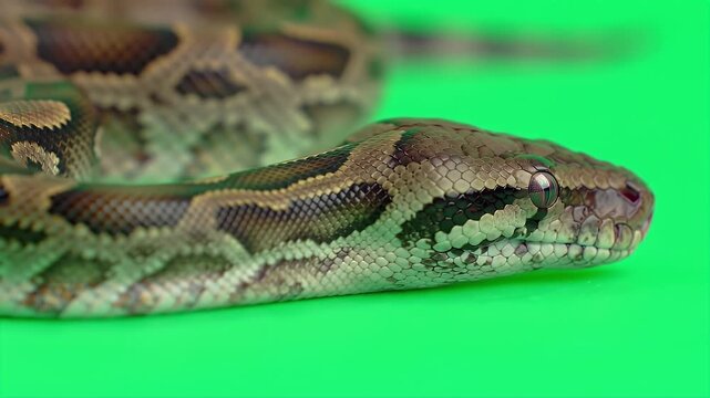 Detailed Close Up of an African Rock Python Head Isolated on Green Screen