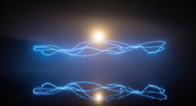 Mesmerizing blue light trails reflecting on tranquil night lake under starry sky