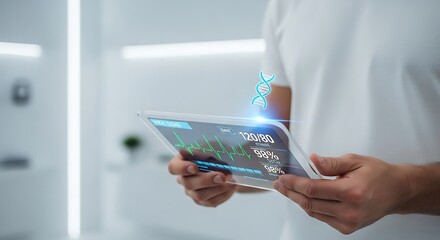 Person holding a tablet displaying medical data with a DNA strand.