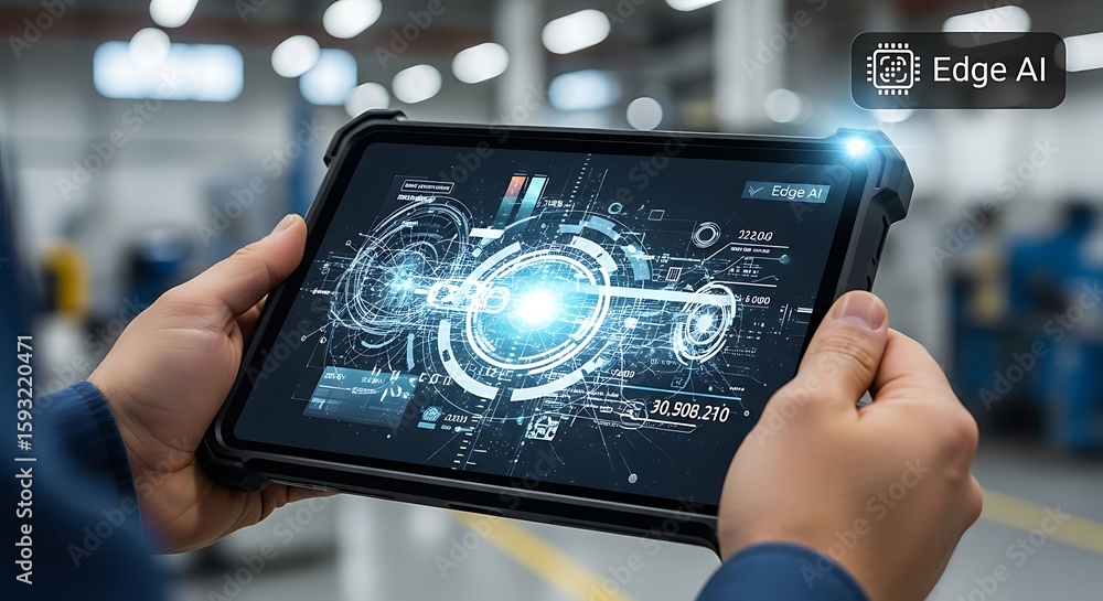 Poster person holding a tablet displaying complex industrial data visualizations.