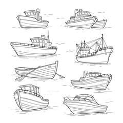 vector set of fishing boats outline SVG