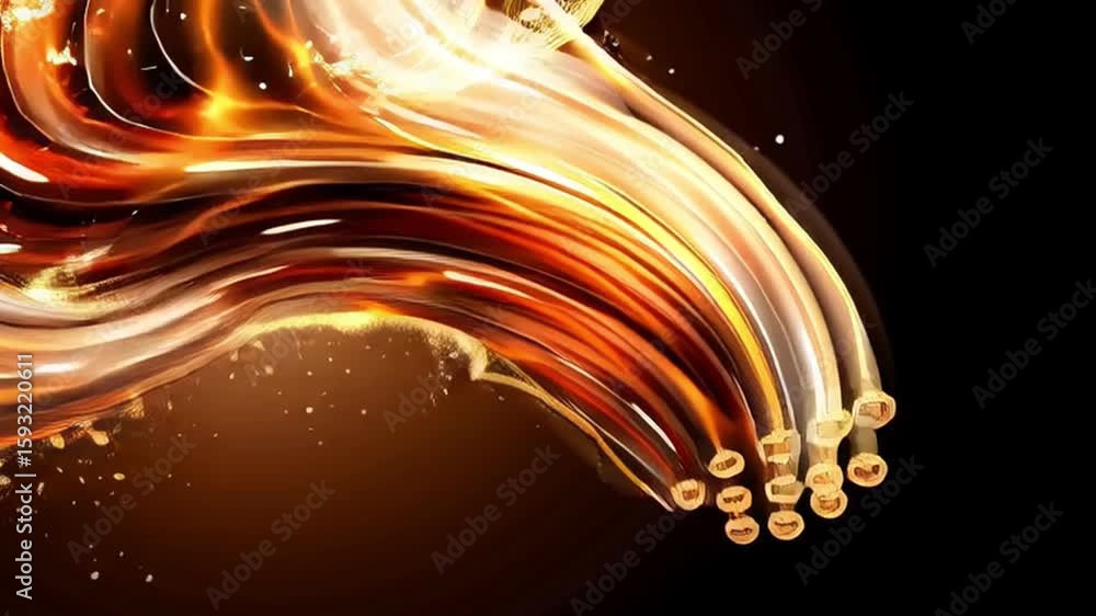 Poster dynamic abstract background with smooth flowing orange and gold waves, sparkling particles, and vibr