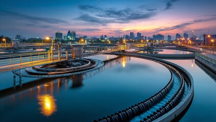 Naklejka premium Urban Water Treatment Facility with Circular Pond and City Skyline at Sunset for Water Management Concepts