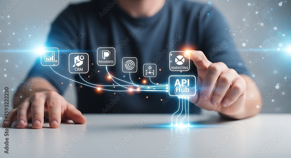 Poster person interacting with a digital interface, activating an api hub concept, with glowing icons.