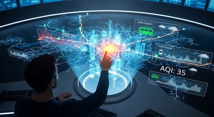 A person interacts with a futuristic holographic display, visualizing data and city information.
