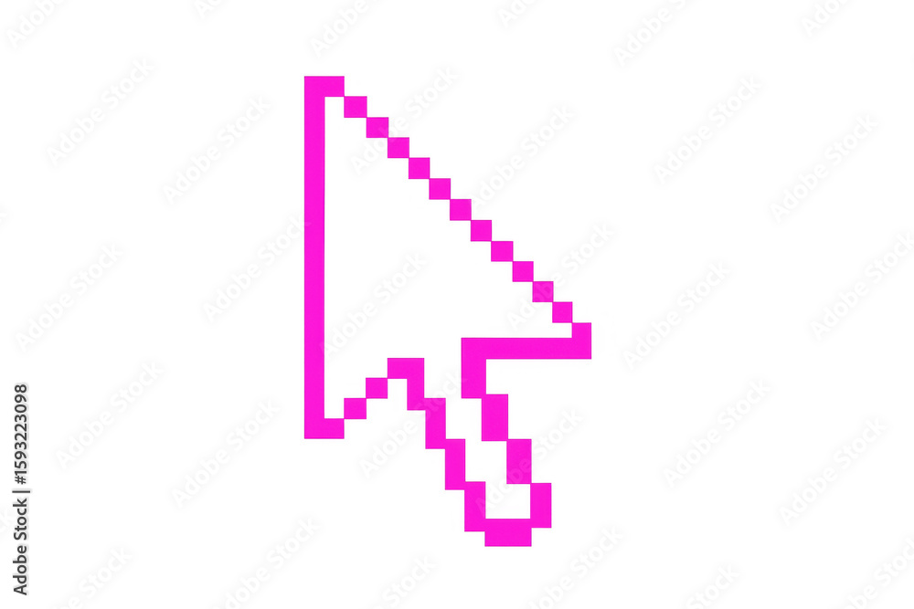 Poster pink pixelated mouse cursor is pointing on a transparent background, evoking early computer graphics