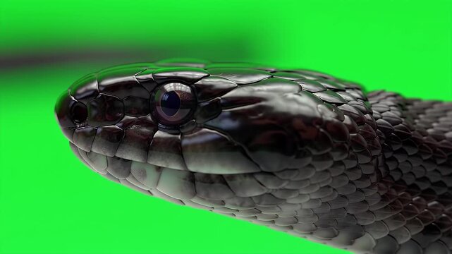 Detailed Close Up of Realistic Black Mamba Head Isolated by Green Screen