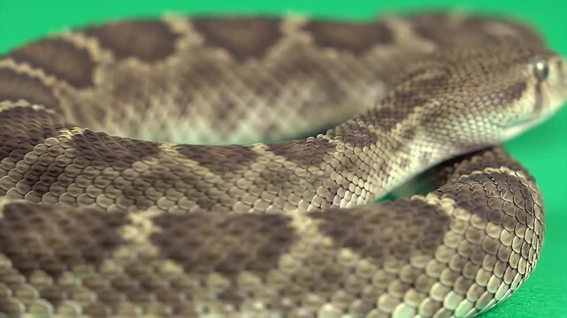 Detailed Closeup View of Eastern Diamondback Rattlesnake Coiled Against Isolated Green Screen Snake 3D Rendering