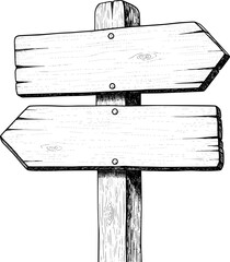 Wooden road sign with two blank planks on wooden post in rustic style, hand-drawn style