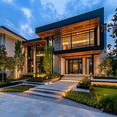 Front driveway to modern smart luxury home high resolution picture