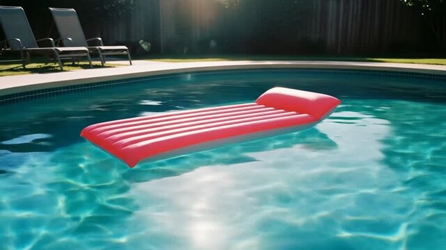 Pink pool float in backyard swimming pool