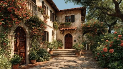 Obraz premium Enchanting Tuscan Residence: A Timeless Courtyard with Lush Floral Adornments