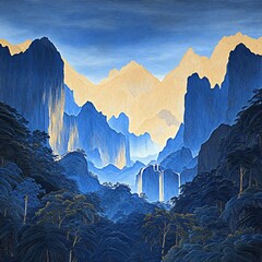 Ethereal Blue and Golden Mountain Valley A Majestic Digital Art Rendition of Towering Peaks, Cascading Waterfalls, and Lush Forests bathed in Serene Light.