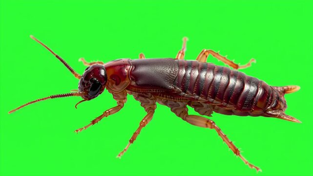 Realistic 3D Earwig Insect Isolated on Green Screen Displaying Detailed Anatomy for Educational Use in Wildlife and CGI Production
