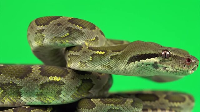 Realistic 3D Green Tree Python Animation Isolated on Green Screen Background Wildlife Exotic Animal