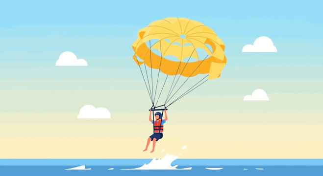 Exhilarating Parasailing Adventure With A Vibrant Yellow Parachute Over The Azure Sea