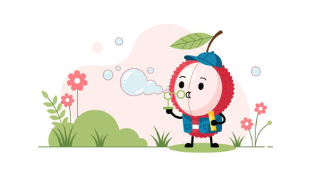 Naklejka premium Cute Lychee Character Blowing Bubbles In A Garden Under Light Pastel Background
