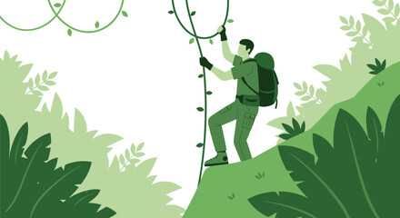 Explorer Climbing Vines Through Lush Jungle Scene Illustration for Adventure Themes