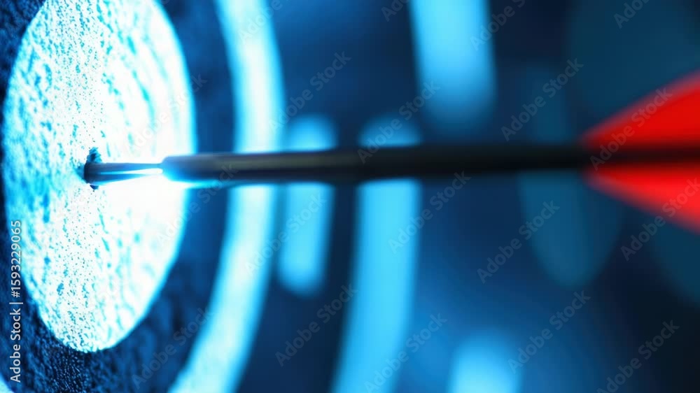 Poster a red arrow pointing towards the center of a blue target, simple and clean design for various uses
