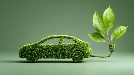 Electric vehicle charger surrounded by lush green leaves. Green Economy concept.An electric vehicle charger plugged into a plant pot with green leaves, symbolizing eco-friendly energy.