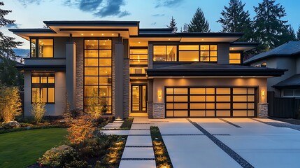 Modern luxury villa with glass facade at twilight high resolution picture