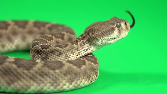Realistic 3D Western Diamondback Rattlesnake Animation Isolated on Green Screen Crotalus Atrox Close Up