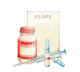 Medicine and pharmacology concept. Watercolor illustration with outline on white background. Medical prescription form and medicines around it. Jar, syringe and ampoules