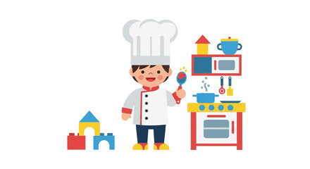 Little Boy Imagining And Playing Chef On His Toy Kitchen In The Home