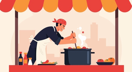 Dedicated Chef Stirring Culinary Creation At Bustling City Market Stall