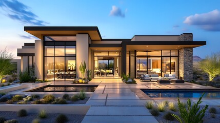Sleek architectural home front with landscape garden high resolution picture