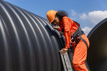 Industry Engineers Walking Inside Circular water Pipe. Engineering or Worker inspection pipe...