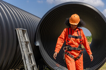Industry Engineers Walking Inside Circular water Pipe. Engineering or Worker inspection pipe...